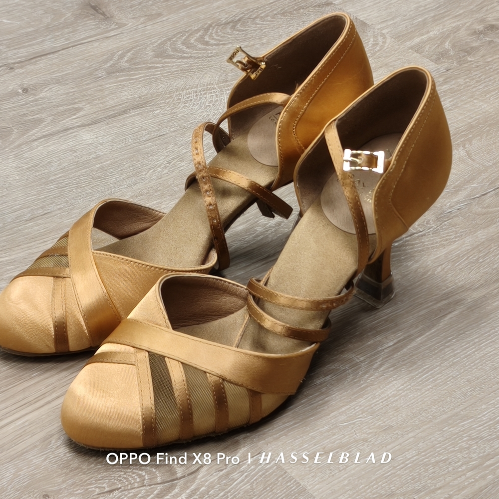 Cream T-Strap Heels with Medium Flared Heel